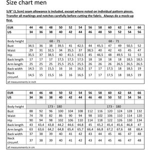 May include: Size chart for men's clothing with measurements in inches and centimeters. The chart shows sizes from 44 to 66 in both European and US sizing. Measurements include body height, bust, waist, hip, back length, arm length, back width, neck circumference.