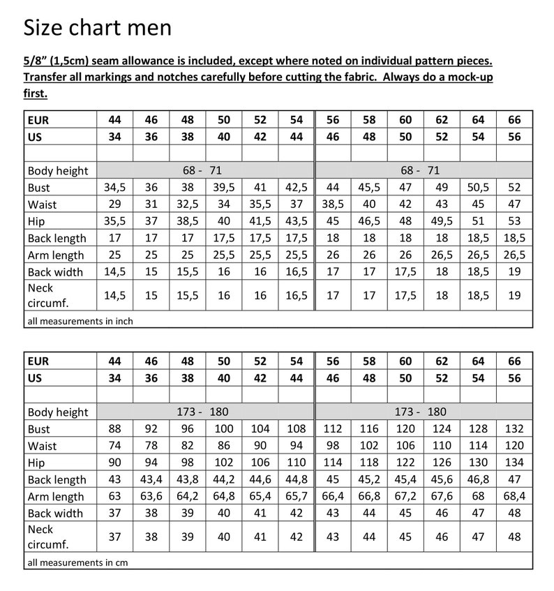 May include: Size chart for men's clothing with measurements in inches and centimeters. The chart shows sizes from 44 to 66 in both European and US sizing. Measurements include body height, bust, waist, hip, back length, arm length, back width, neck circumference.