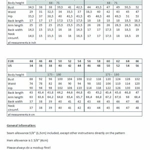 May include: Size chart for men's clothing with measurements in inches and centimeters. The chart includes sizes from 44 to 66 in European sizing and 34 to 56 in US sizing. Measurements include body height, bust, waist, hip, back length, arm length, back width, neck circumference, and all measurements are in inches and centimeters.