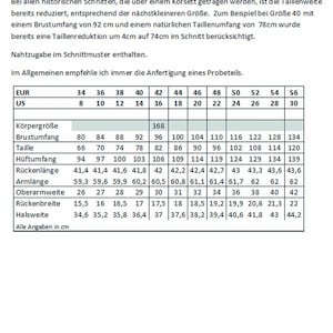 May include: A size chart for women's clothing with measurements in inches and centimeters. The chart includes measurements for bust, waist, hips, back length, arm length, upper arm width, back width, and neck width.