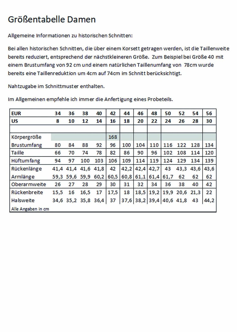 May include: A size chart for women's clothing with measurements in inches and centimeters. The chart includes measurements for bust, waist, hips, back length, arm length, upper arm width, back width, and neck width.