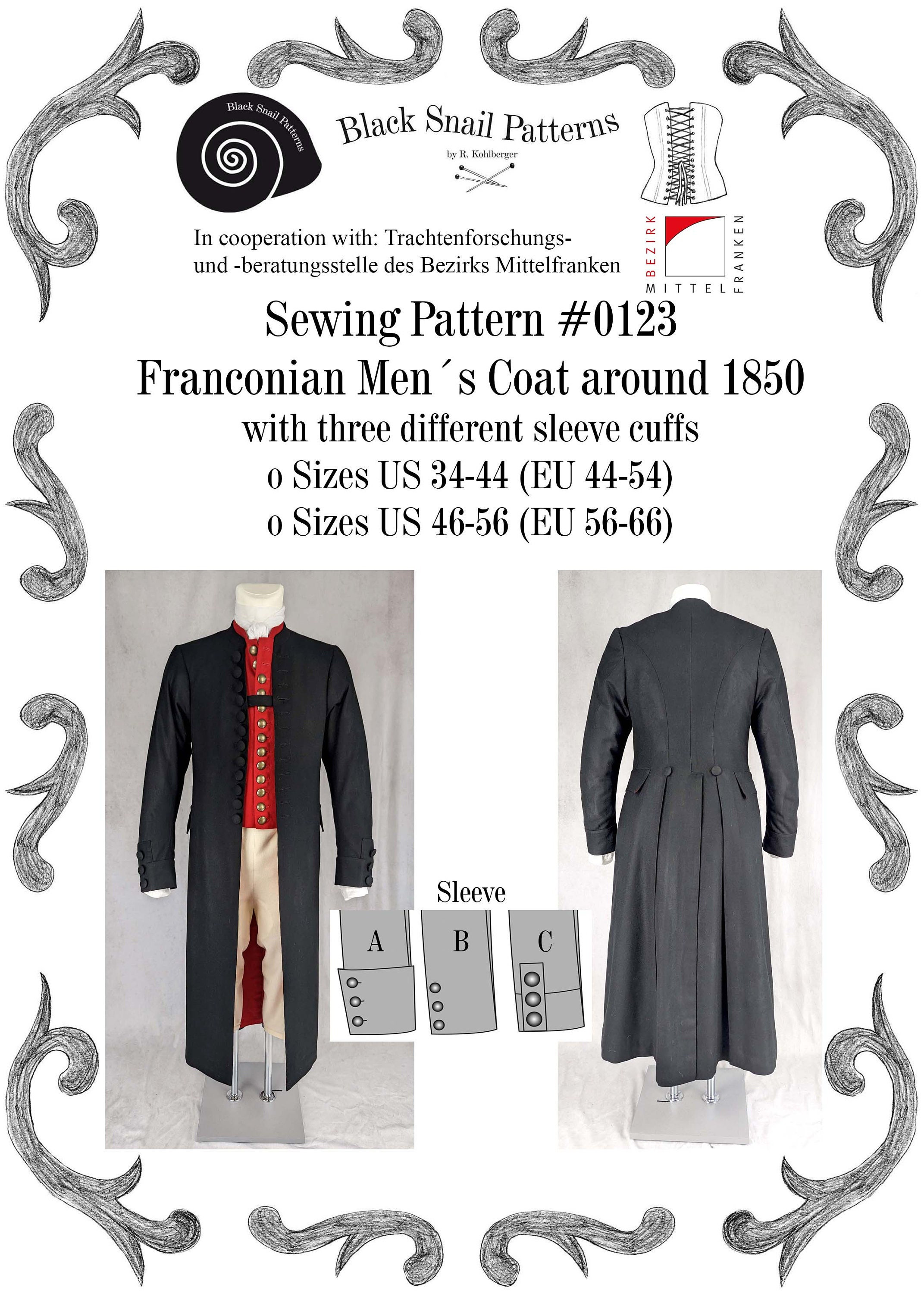 0123 Franconian Mens Coat around 1850 Sewing Pattern Size US 34-56 (EU 44-66) PDF Download