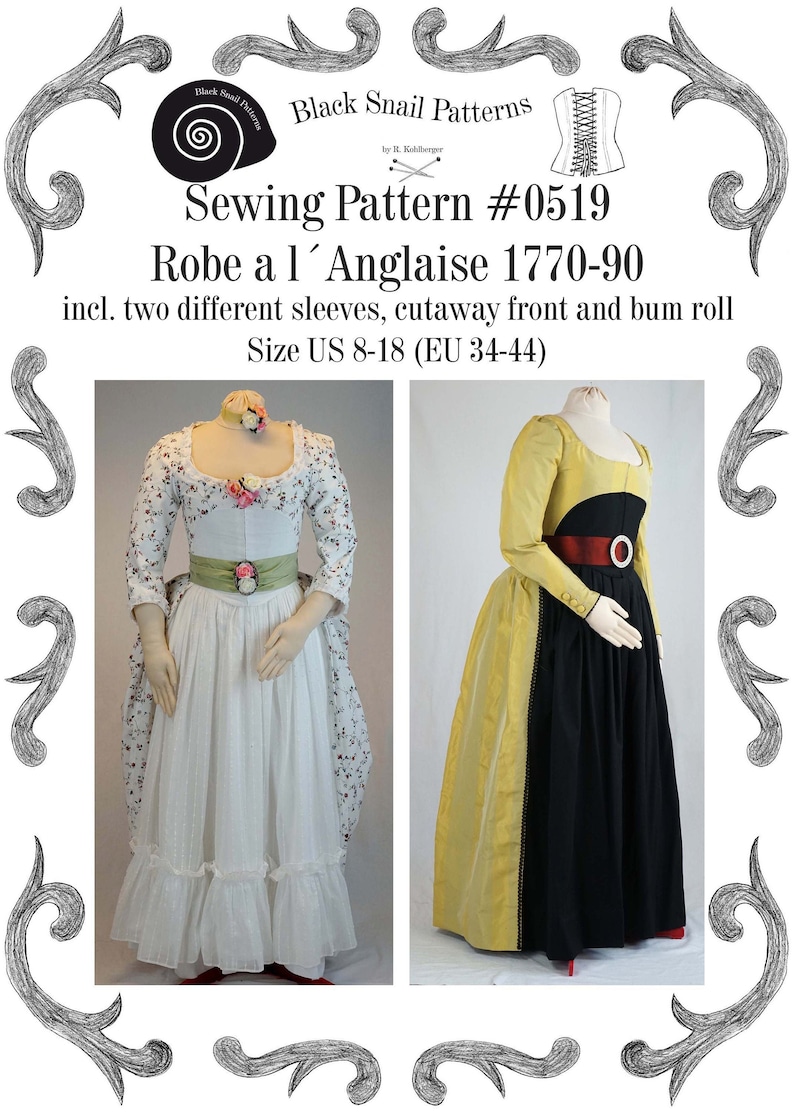 Robe a la Anglaise 1770-90 incl. two different sleeves, cutaway front and bum roll Sewing Pattern 0519 Size US 8-30 EU 34-56 PDF Download image 1