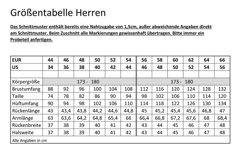 May include: Size chart for men's clothing with measurements in inches and centimeters. The chart includes sizes from 44 to 66 in European sizing and 34 to 56 in US sizing. Measurements include chest, waist, hip, back length, sleeve length, back width, and neck circumference.