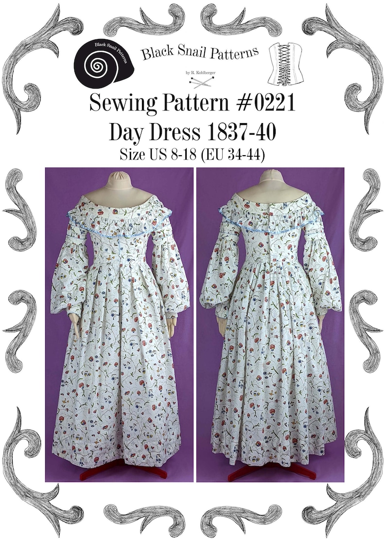 Day Dress 1837-40 Sewing Pattern 0221 Size US 8-30 EU 34-56 PDF Download image 1