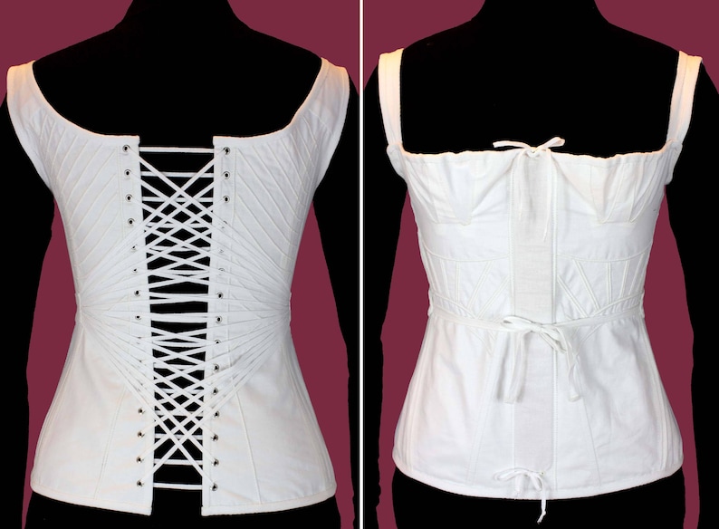 May include: A white cotton corset with a lace-up back and a gathered front. The corset is shown from the front and back.
