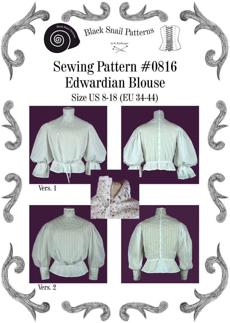 Edwardianische Bluse Schnittmuster 0816 Größe EU 34-56 PDF Download Bild 1