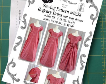 Regency Kleid mit Tulpenärmeln Schnittmuster #0223 Größe EU 34-56 Papierschnittmuster