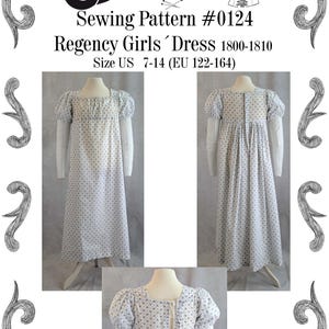 Puede incluir: Un patrón de costura para un vestido de niña de época Regency, talla US 7-14 (EU 122-164), de Black Snail Patterns. El patrón es para un vestido blanco con estampado floral, e incluye instrucciones para hacer el vestido.