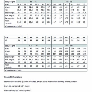 May include: Size chart for men's clothing with measurements in inches and centimeters. The chart includes sizes from 44 to 66 in European sizing and 34 to 56 in US sizing. Measurements include body height, bust, waist, hip, back length, arm length, back width, neck circumference, and all measurements are in inches and centimeters.