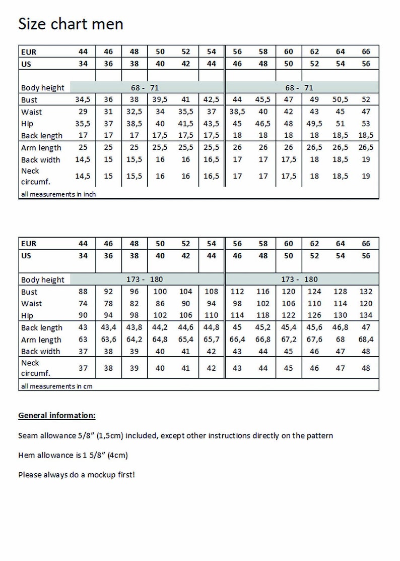 May include: Size chart for men's clothing with measurements in inches and centimeters. The chart includes sizes from 44 to 66 in European sizing and 34 to 56 in US sizing. Measurements include body height, bust, waist, hip, back length, arm length, back width, neck circumference, and all measurements are in inches and centimeters.