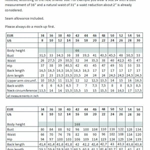 May include: Size chart for historical patterns, showing measurements in inches for both US and European sizes. The chart includes measurements for body height, bust, waist, hip, back length, arm length, upper arm circumference, back width, and neck circumference.
