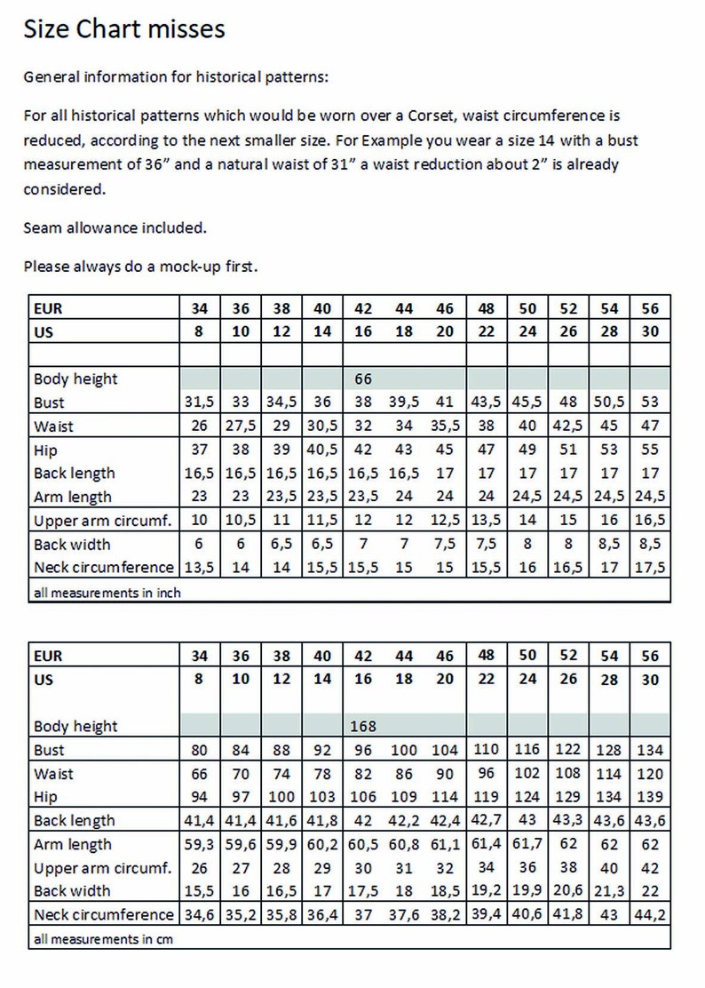 May include: Size chart for historical patterns, showing measurements in inches for both US and European sizes. The chart includes measurements for body height, bust, waist, hip, back length, arm length, upper arm circumference, back width, and neck circumference.