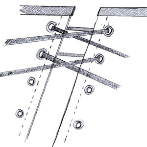 May include: A close-up of a pair of shoelaces tied in a criss-cross pattern through a series of eyelets on a shoe.