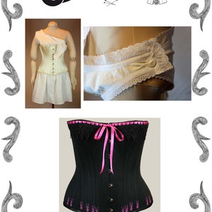 May include: Black Snail Patterns by H. Kohlberger, a brand specialising in corset patterns. The image shows three different corsets: a white corset with a lace trim, a white corset with a lace trim and a button, and a black corset with a pink ribbon and lace trim.