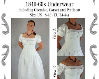 Late Biedermeier Ropa interior Corset Chemise Underskirt 1840-60 Patrón de costura #0321 Tamaño UE 34-56 Descargar PDF