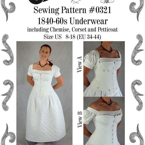 1840s to 60s Underwear, late Romantic, early Victorian, Corset, Chemise, Petticoat Sewing Pattern #0321 Size US 8-30 (EU 34-56) Pdf Download