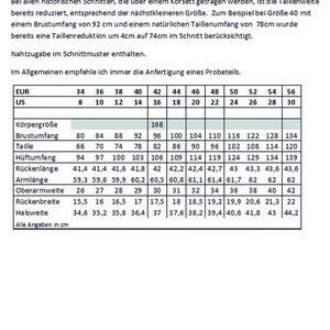 May include: A size chart for women's clothing with measurements in inches and centimetres. The chart includes measurements for bust, waist, hips, back length, arm length, upper arm width, back width, and neck width.