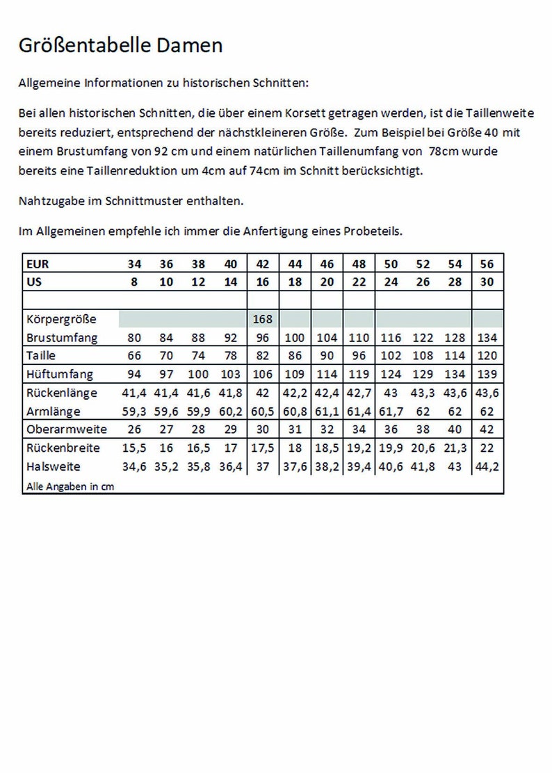 May include: A size chart for women's clothing with measurements in inches and centimetres. The chart includes measurements for bust, waist, hips, back length, arm length, upper arm width, back width, and neck width.