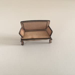 May include: A small wooden sofa with a brown stain and black outlines. The sofa has a simple design with a back, seat, and four legs.