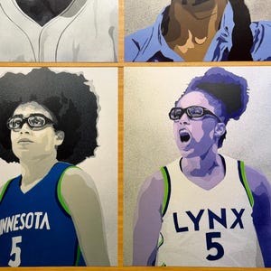 May include: A graphic art print featuring two basketball players wearing protective eyewear. The left player wears a blue jersey with "MINNESOTA 5" in white. The right player wears a white jersey with "LYNX 5" in blue. Both have dark hair.