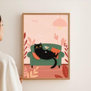Retro Black Cat Martini Wall Art Bar Cart Decor Cocktail Art Bar Decor Vintage Oil Painting Black Cat Print Eclectic Wall Art Cute Cat Art