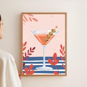Art mural martini (bleu) - art mural cocktail, impressions de chariot de bar martini bleu, impressions de bar côtier, art de bar, téléchargement numérique