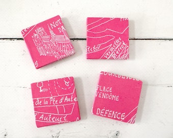 7 square fridge magnets, pink white Paris map, 4x4 cm, handmade, gift present girlfriend wife, kitchen decor, memo board