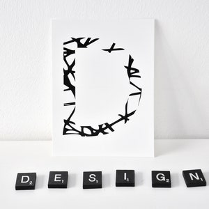 Buchstabe D, Postkarte schwarz weiß, Grußkarte, Buchstaben Karte, Postkarten Alphabet, Typographie,  ABC, Art. PKA-004