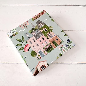 Sketch book, drawing notebook, watercolor painting, coptic binding, travel sketchbook, artists gifts, blue, pink, houses, item no. NKA-004