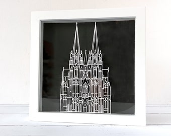 Papercut Kölner Dom eingerahmt, Papier Kunst Köln Cutout Dekoration, Valentinstaggeschenk, Geschenk für Mama Papa Eltern, Wohndekor Interior