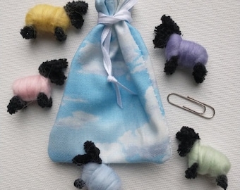 Worry Sharing Sheep: 5 Wool Sheep in Drawstring Sky Bag