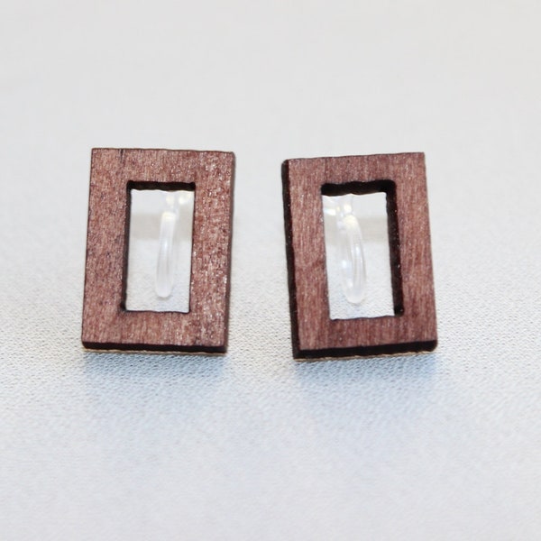 Invisible Clip on earrings, unisex, wood rectangle clip ons, unisex clip on earrings, Non Pierced  Stud Earrings, Metal free clip ons