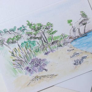 Scandinavische kustlandschap Kunstkaart van originele aquarelverf