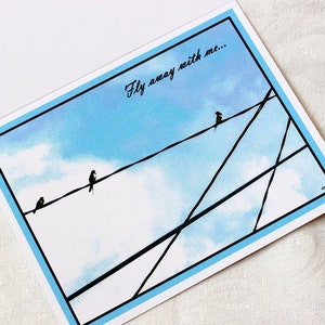 Carte Envolez-vous avec moi, oiseaux sur un fil, carte d'hirondelle, carte de petit ami, carte de petite amie,
