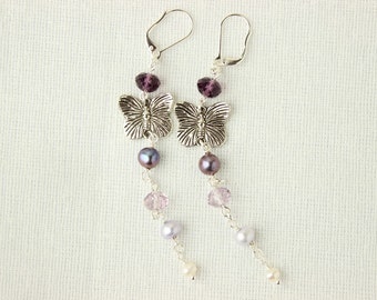 Long butterfly earrings, summer earrings,violet, purple and white,springtime earrings,freshwater pearls and Swarovski crystals,GMHdesign