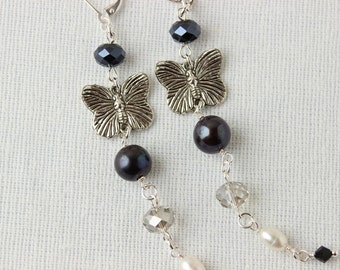 Butterfly earrings in black, white and grey with silver butterflies, Swarovski crystals and freshwater pearls