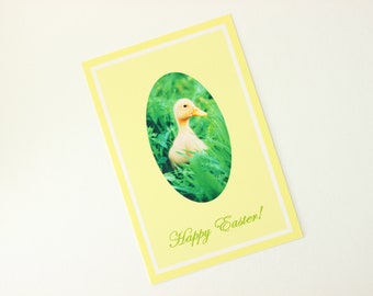 Happy Easter card duckling in green grass