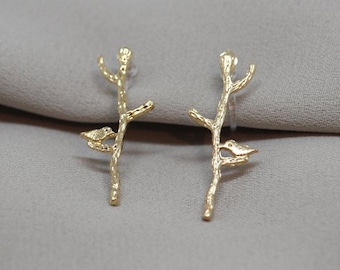 Invisible Clip on earring -  Non Pierced Earring – birds on a branch - Metal free clip on - Hypoallergenic - Non allergenic earrings