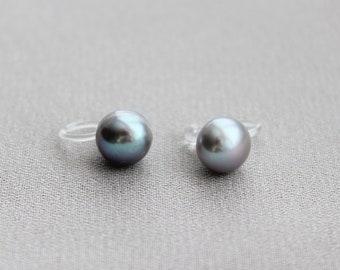 Invisible Clip on earrings, Silver greey Freshwater pearl clip ons, Non Pierced Earring - Metal free clip on