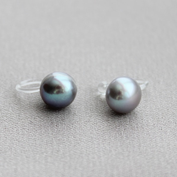 Invisible Clip on earrings, Silver greey Freshwater pearl clip ons, Non Pierced Earring - Metal free clip on