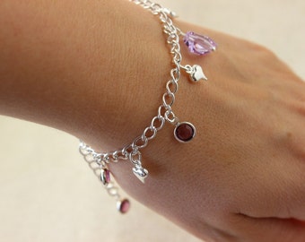 Bracelet coeur, cadeau Saint-Valentin, cristaux Swarovski violets, chaîne en argent ou en or