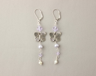 Butterfly earrings in violet / purple with silver butterflies, Swarovski crystals and freshwater pearls