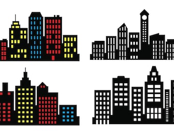 City Skyline Clipart: Colorful wall decor Skyscraper PNG SVG (Digital Download)