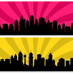 Superhero City skyline landscape, speech bubbles, building City silhouette PNG SVG skyscrapers superhero city Urban SVG Comic Birthday Party