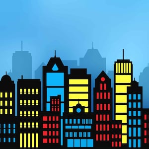 Superheld Gebäude Block Clipart und Skyline Stadt Gebäude PNG Stadtsilhouette in SVG Stadtansichten mit Wolkenkratzern und Superhelden