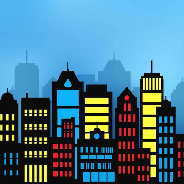 Superhero buildings block clipart and skyline city buildings PNG city silhouette in SVG cityscapes with skyscrapers and superheroes