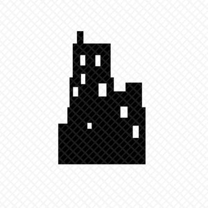 Peut inclure: Silhouette noire d'un horizon urbain avec plusieurs b&acirc;timents. Le b&acirc;timent le plus haut a une chemin&eacute;e au sommet.