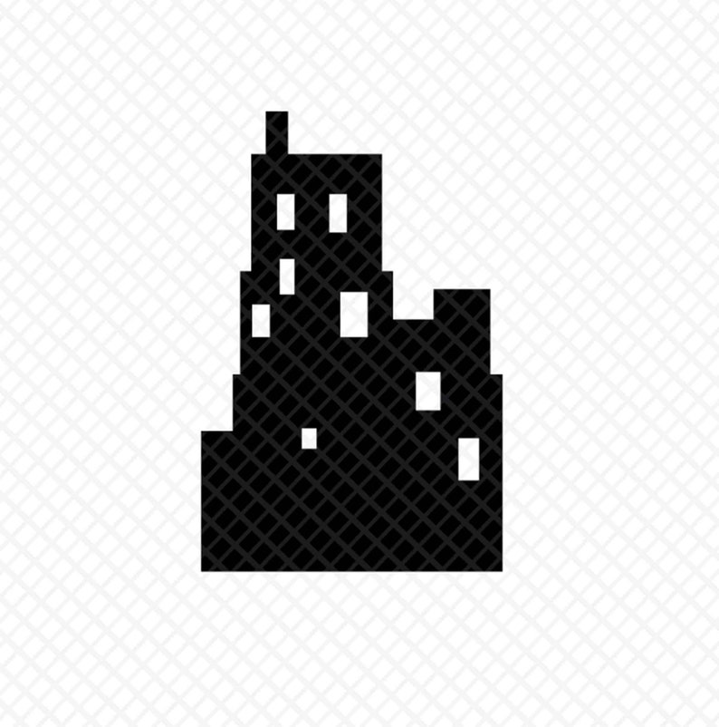 Peut inclure: Silhouette noire d'un horizon urbain avec plusieurs b&acirc;timents. Le b&acirc;timent le plus haut a une chemin&eacute;e au sommet.