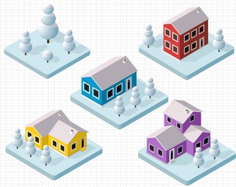 May include: Isometric illustration of five colorful houses with snow-covered roofs and surrounding snow-covered trees. The houses are red, blue, yellow, and purple. The image is set against a grid background.